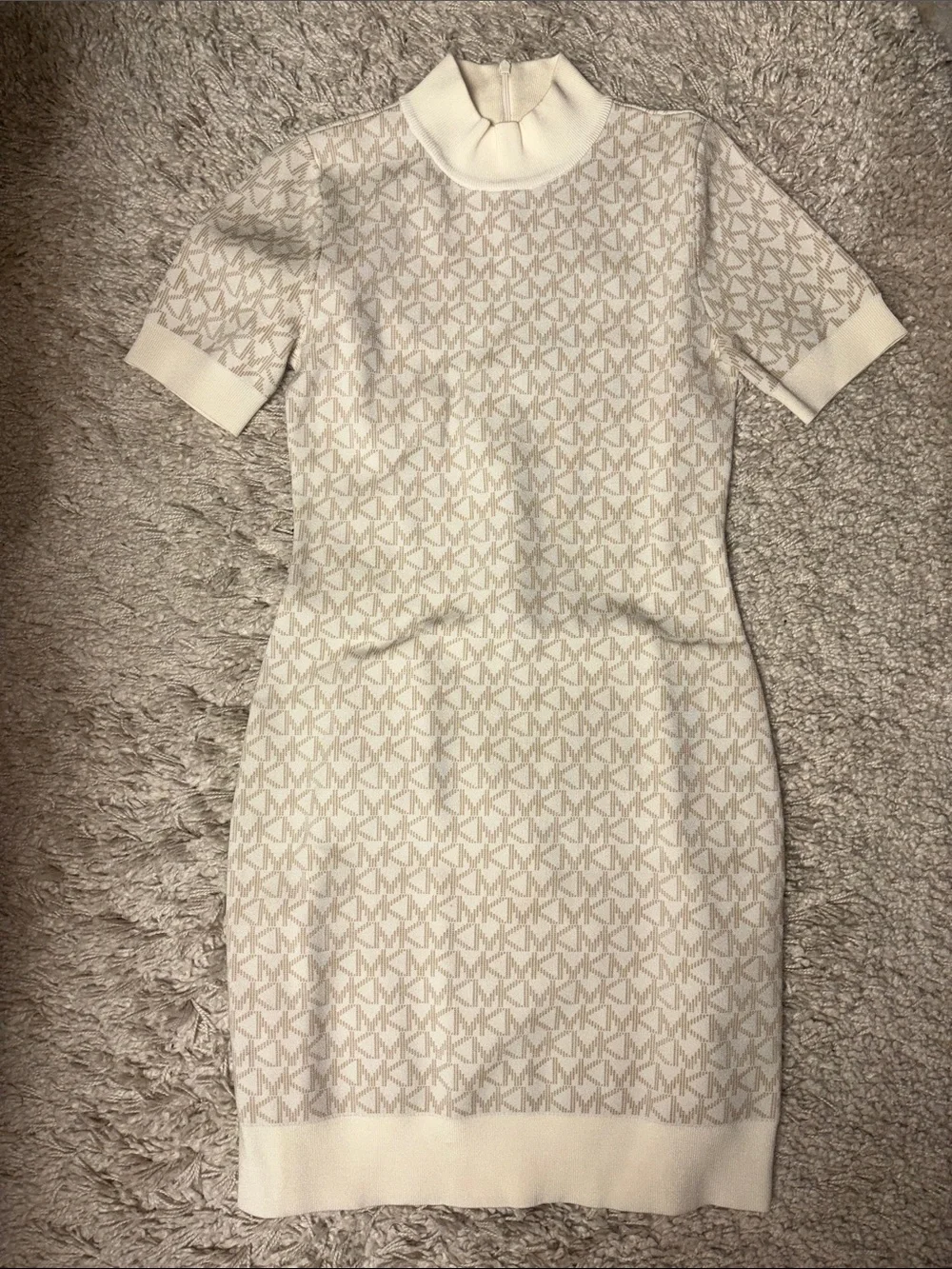 Michael Kors Cream & Beige Logo Knit Mini Dress